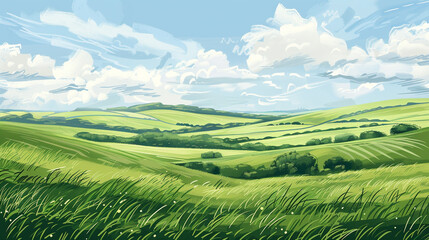 Fototapeta premium A illustration of a green grass field with a blue sky and clouds. 