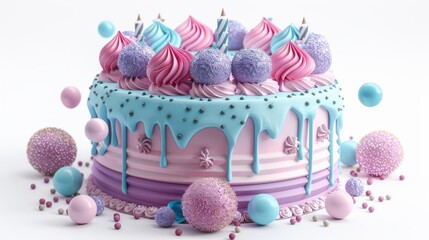 A birthday cake clipart, celebration element, 3D realistic illustration, pastel colors, isolated on white background