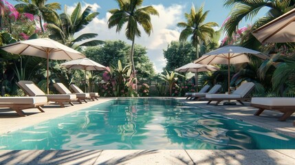 Fototapeta premium beautiful pool surrounded by palm trees and chairs to lie down