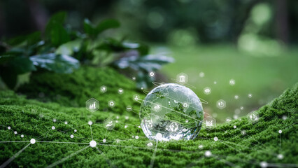 crystal globe and environmental icons placed on moss. concepts, ecology, environmental care and environmental business