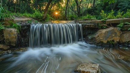 Tranquil waterfall amidst lush greenery at sunset landscape