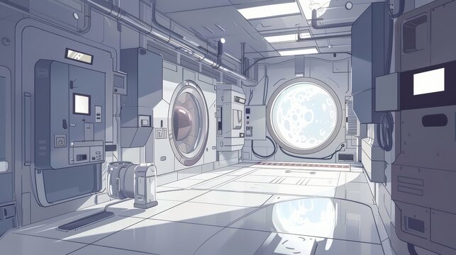 Futuristic space station interior with high-tech equipment, large observation window and sleek design, ideal for sci-fi themes and backgrounds.