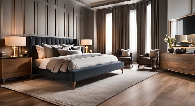 Master bedroom design with high end furniture, wooden floors and modern carpet