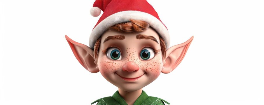 A Christmas elf clipart, festive character, 3D realistic illustration, green outfit with red hat, isolated on white background