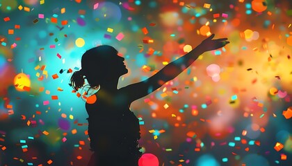 Photo realistic silhouette of a person surrounded by colorful confetti in a vibrant, joyful celebration atmosphere