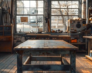 Industrial Metal topped Table in Creative Studio Workspace with Copy Space for Product Display