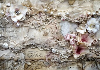 Vintage-style scrapbook page with delicate lace, pearls, and fabric flowers, creating an elegant and nostalgic look perfect for crafting and design projects