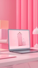 A pink outfit on the laptop computer screen, with a pink wall in the backdrop.