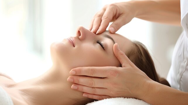 Relaxing facial massage in a spa setting by professional therapist. This image captures a peaceful moment of a woman receiving a rejuvenating treatment.I