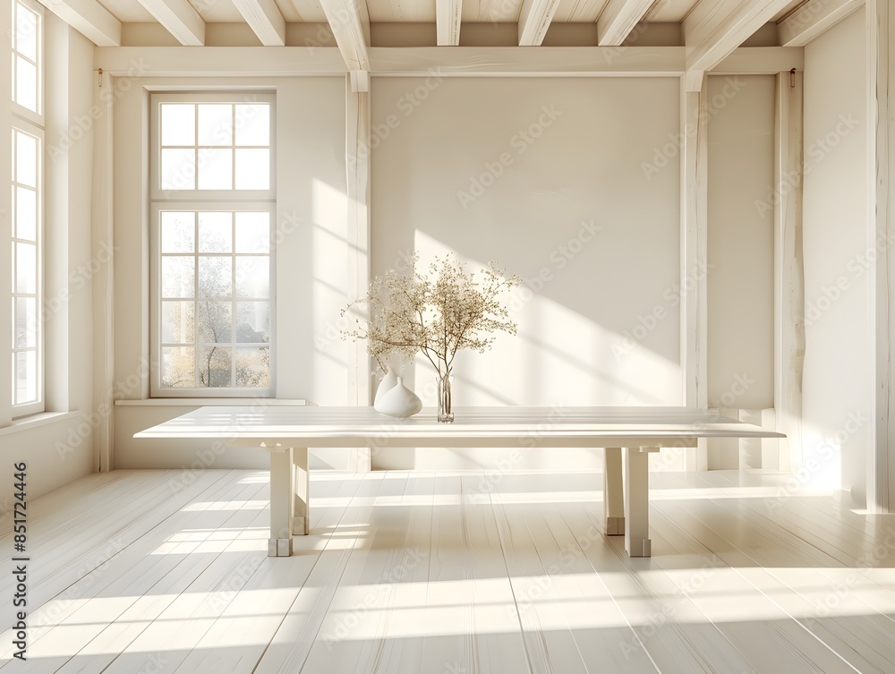 Poster minimalist white table in bright airy loft apartment empty display for product concept with copy spa