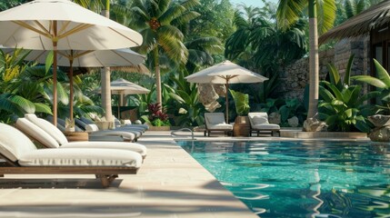 Obraz premium beautiful pool surrounded by palm trees and chairs to lie down
