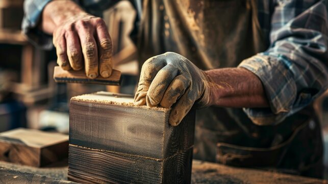 Close-up of a craftsman sanding a wooden piece in a workshop, showcasing attention to detail and craftsmanship in woodworking. - Powered by Adobe