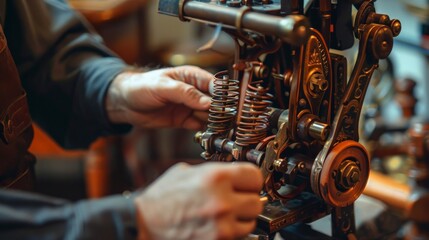Close-up of a craftsman working on an intricate vintage tattoo machine, showcasing fine details and craftsmanship in a workshop setting.