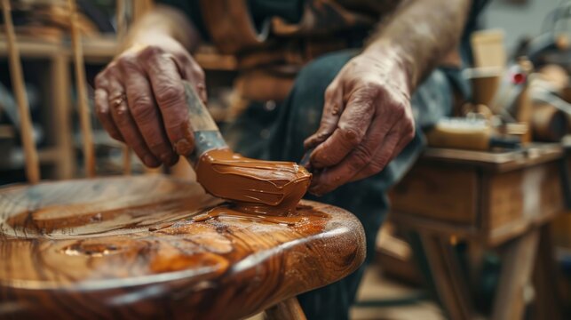 Close-up of a craftsman's hands meticulously applying finish to a wooden chair, highlighting the craftsmanship and dedication in woodworking.