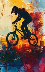 BMX Freestyle, focus on trick, copy space, vivid colors, Double exposure silhouette with bike stunt