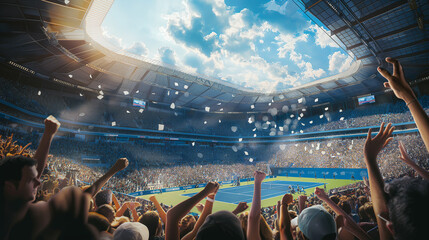 A panoramic view of a tennis stadium filled with fans, their cheers and applause creating a wave of energy as they celebrate a stunning rally.