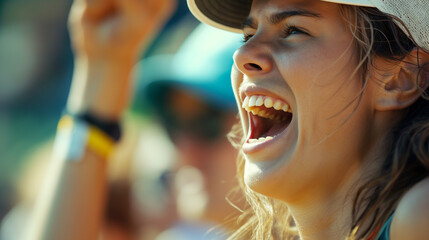 A close-up of a tennis fan's joyous expression, captured as they cheer and celebrate an exhilarating moment in the match.