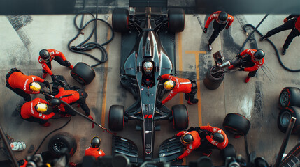 The perfect choreography of a pit crew at work, captured as they execute a seamless tire change and refueling, with the race car in the pit lane.