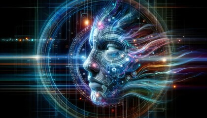 A detailed, close-up image of a floating face with holographic data streams swirling around it, set against a futuristic background.