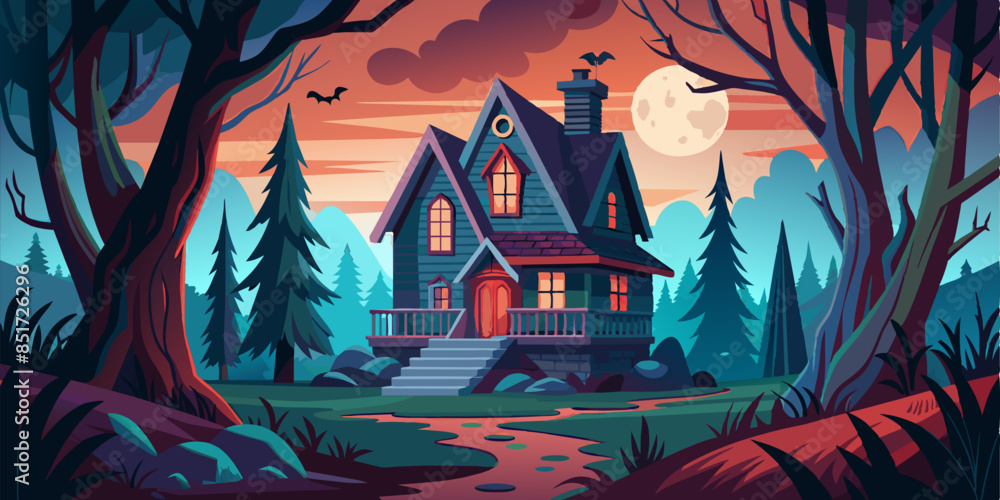 Wall mural haunted house in the woods