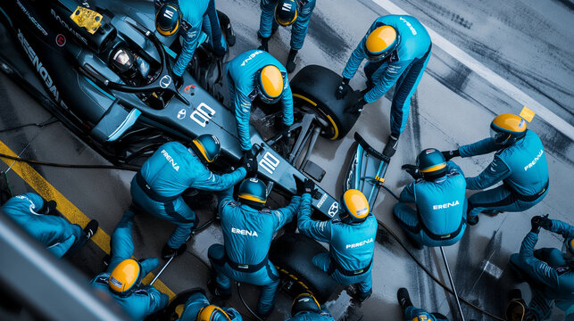 The synchronized efforts of a pit crew, highlighted as they work together seamlessly, during the high-pressure moment of a pitstop.