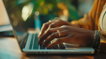 Close-up of a woman's hands typing swiftly on a sleek laptop keyboard, embodying the essence of modern technology and remote work.