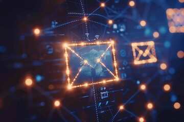 Abstract representation of a digital email network, featuring glowing icons and interconnected lines against a dark background, symbolizing communication technology.