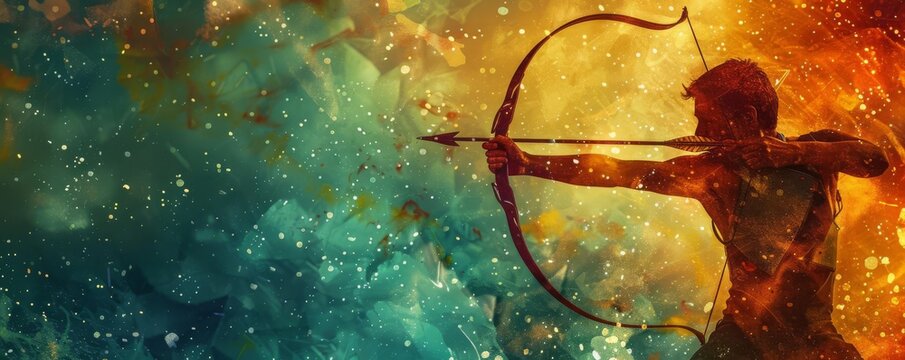 Silhouette of an archer aiming a bow and arrow against a colorful background.
