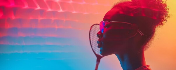 Badminton: double exposure silhouette with racket, vivid tones, shuttlecock close-up, copy space