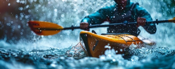 Fototapeta premium Canoe Slalom, close up on paddles, copy space, vibrant tones, Double exposure silhouette with whitewater