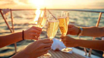 Group of friends toasting with champagne glasses on the deck of a luxurious yacht, with the sun setting over the ocean.