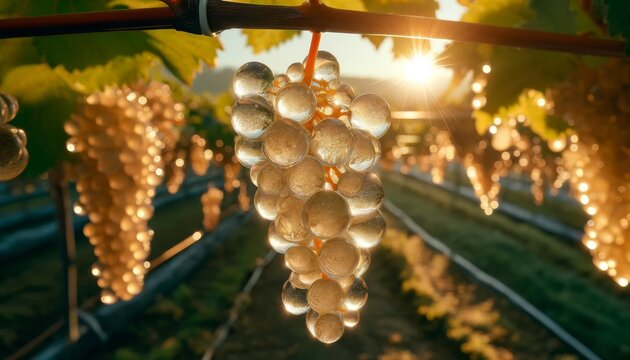 A close-up of a cluster of transparent grapes hanging on a vine, with morning sunlight shining through them, creating a sparkling effect.