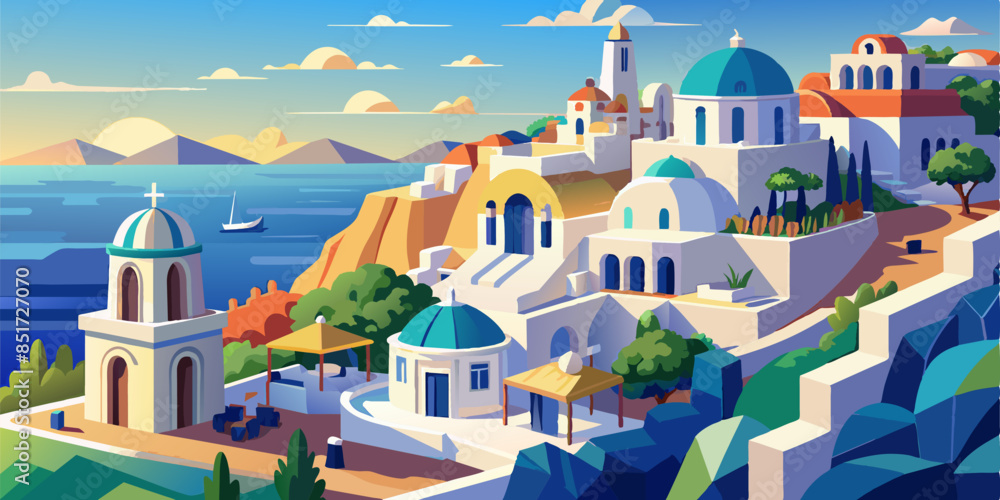 Wall mural beautiful santorini greece panoramic background, travel holliday summer wallpaper, 3d render, 3d ill