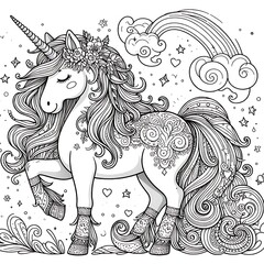 A black and white drawing of a unicorn coloring page design colours drawing graphic engaging highquality.