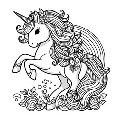 A black and white drawing of a unicorn coloring page design colours drawing graphic highquality realistic.