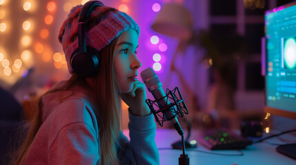 A young girl sitting at her desk with a stylish microphone, colorful LED lights in the background, streaming live from her cozy room.