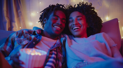 Obraz premium A young man and woman reclining on a loveseat, sharing popcorn and laughs, their movie night setup perfect for a relaxing evening at home.
