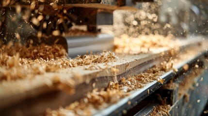 Close-up of a woodworking machine in action, with wood shavings and sawdust flying around in a workshop.