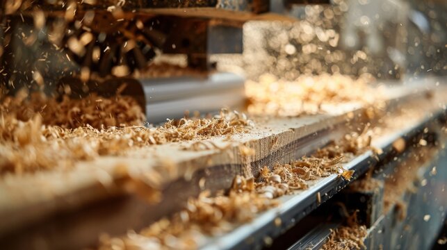 Close-up of a woodworking machine in action, with wood shavings and sawdust flying around in a workshop.