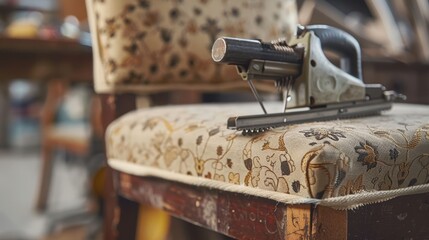 Close-up of an antique upholstered chair with a staple gun on the seat in a woodworking workshop, suggesting a upholstery or restoration project.