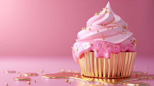 A cupcake with pink frosting and elegant golden drips on a complementary background. Creative food concept. Party concept.	
