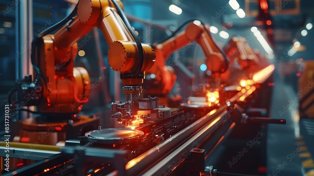 Poster robotic arms assembling metal components in automated production line