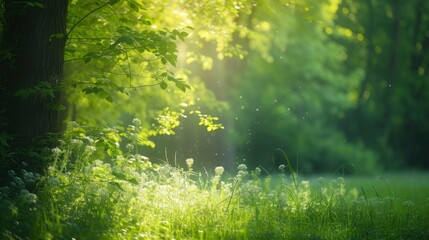 Obraz premium Serene forest clearing bathed in sunlight, bordered by tall, sturdy trees. Sunlit forest clearing with lush green grass and trees.