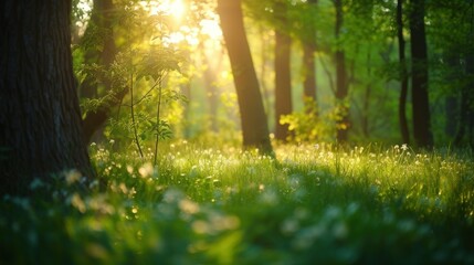 Fototapeta premium Serene forest clearing bathed in sunlight, bordered by tall, sturdy trees. Sunlit forest clearing with lush green grass and trees.