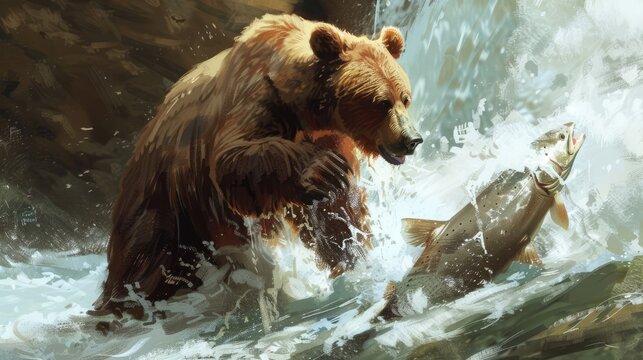 A bear catching a fish in a rushing river, showcasing its natural hunting skills and strength.
