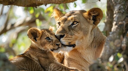 Obraz premium Affectionate Lioness Licking Cub Under Tree Canopy - Heartwarming Wildlife Moment