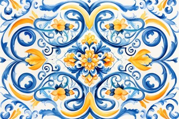 Vibrant floral pattern ceramic tiles with intricate designs. Ethnic folk ceramic tile in talavera style. Navy blue floral Italian pattern.