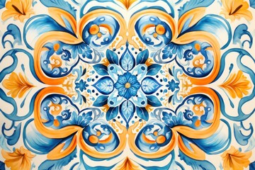 Vibrant floral pattern ceramic tiles with intricate designs. Ethnic folk ceramic tile in talavera style. Navy blue floral Italian pattern.