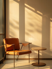 A leather chair sits in front of a white table. The chair is positioned in front of a window, which lets in natural light. Minimalistic design interior layout. 
