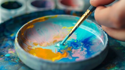Obraz premium Close-up of hand mixing vibrant colors on a plate with a paintbrush, ideal for creative projects and art themes.